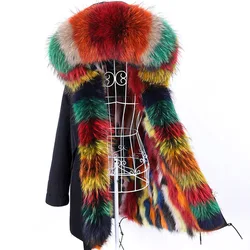 Maomaokong Women's winter fur coat Jacket with natural fur Color patchwork Removable real fox fur lined Big fur collar parkas