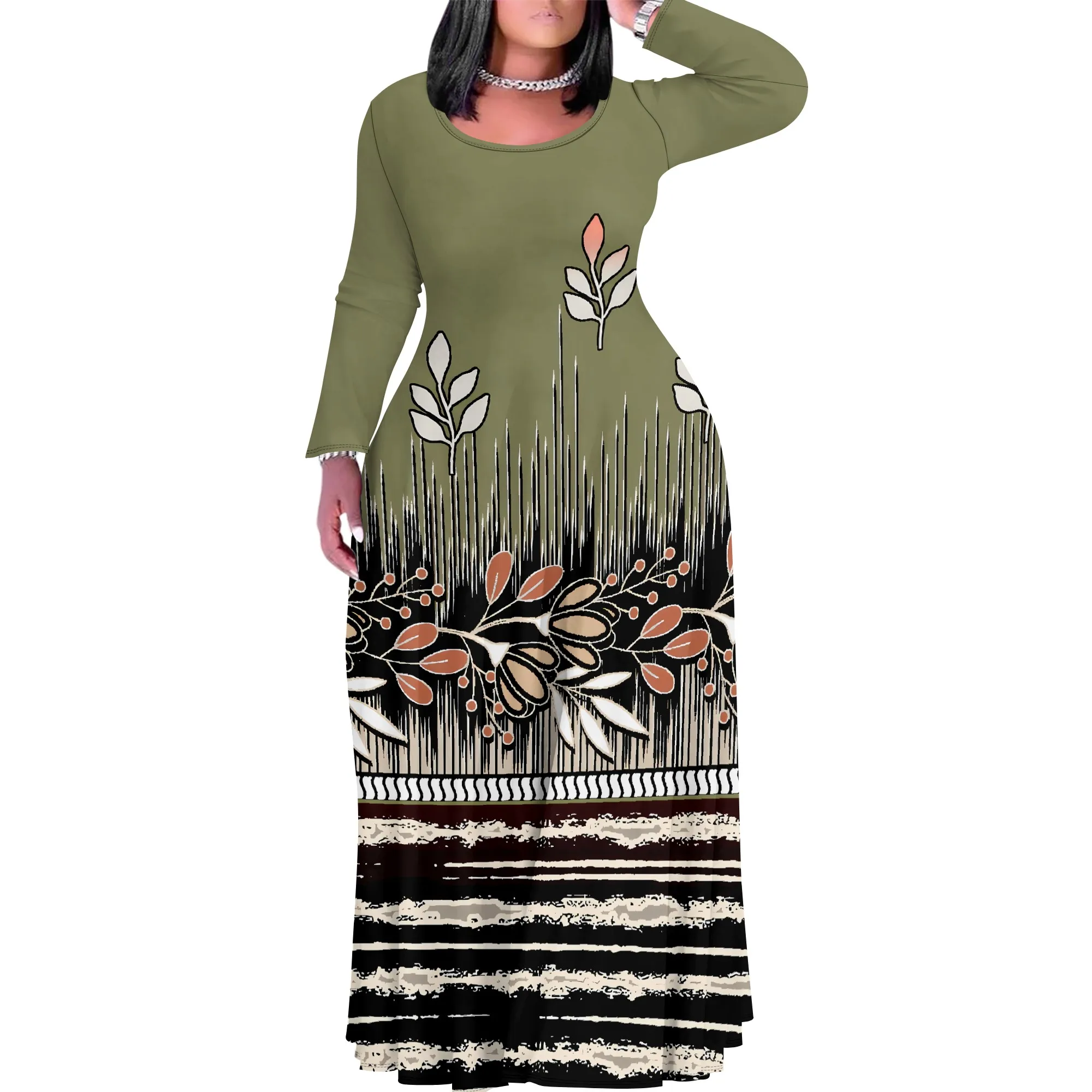 Nupusa Geometric Floral Print Dress for Women Regular Size Casual Round Neck Long Sleeve Maxi Dress