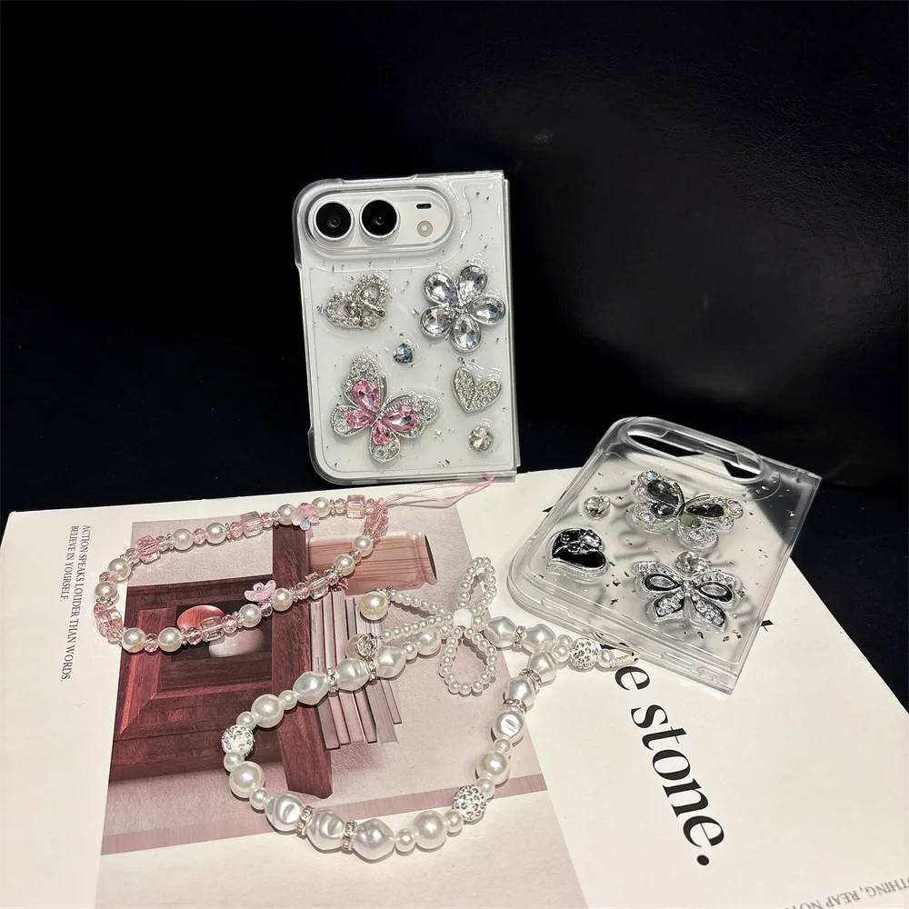Clear Glitter Star 3D Rhinestone Butterfly Flower Phone Case For iPhone Duo Crystal Beaded Crossbody Chain Foldable Cover