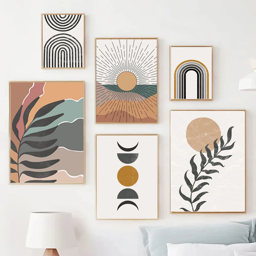 1PC frameless decorative art print,Sun Leaves Rainbow Abstract Geometry Boho Nordic Wall Art Painting Gallery Posters And Prints