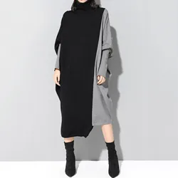 Jesień Zima Oversized Half High Collar Vintage Vestido Patchwork Dress Women Batwing Long Sleeve Robe Casual Fashion Dresses