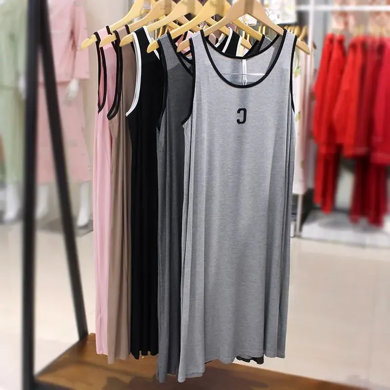 Women's Loose Straight Cut Spaghetti Strap Camisole Dress with Letter Print Summer Basic Tank Dress Mid Calf Length