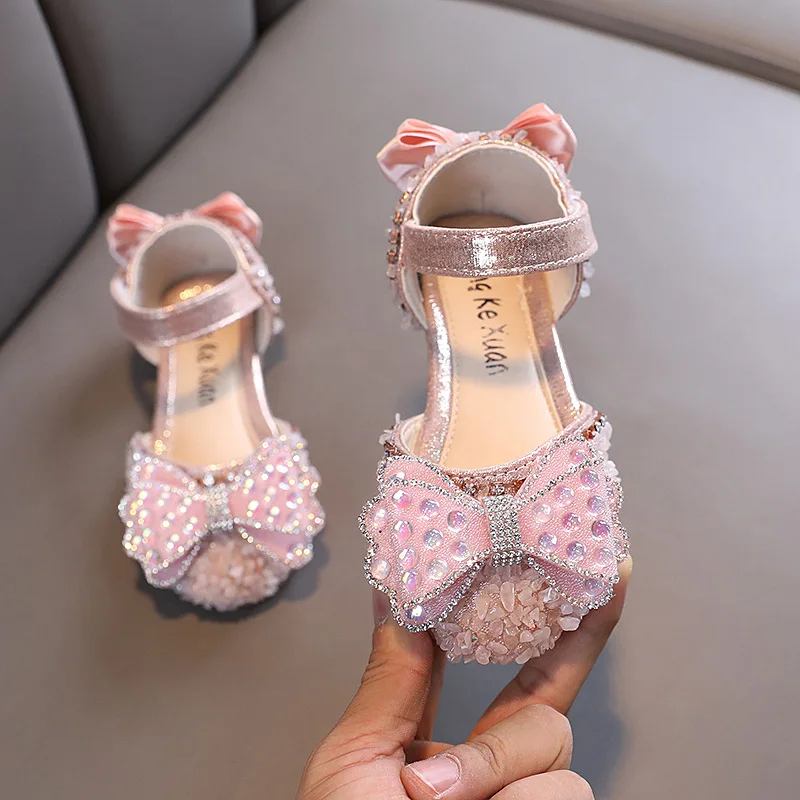 AINYFU Summer Children Rhinestones Bow Sandals Girls Sequins Princess Sandals Toddler Baby Soft Bottom Flats Dance Shoes