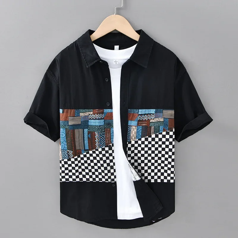 New Summer White Shirt Men Short Sleeve 100% Cotton Men's Shirts Plaid Patchwork Shirt Youth Japanese Fashion Streetwear Tops
