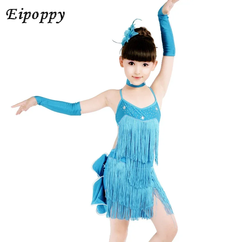 Latin Dance Girls Tassel Sequins Practice Skirt Children Dance Performance Clothing