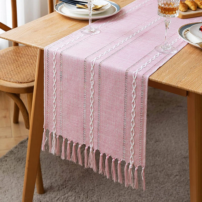 Retro Cotton Linen Table Runner Vintage Luxury Home Wedding Decor Tassel Table Cover Tablecloth Centerpiece 120/160/180/200/240