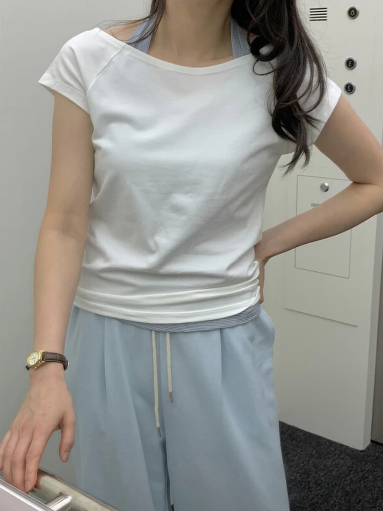 

Женская приталенная хлопковая футболка с асимметричным дизайном плеча, коротким рукавом, однотонная, для повседневной носки, летняя новинка