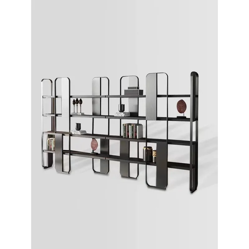Italian stainless steel bookshelf light luxury shelf floor-to-ceiling living room display shelf