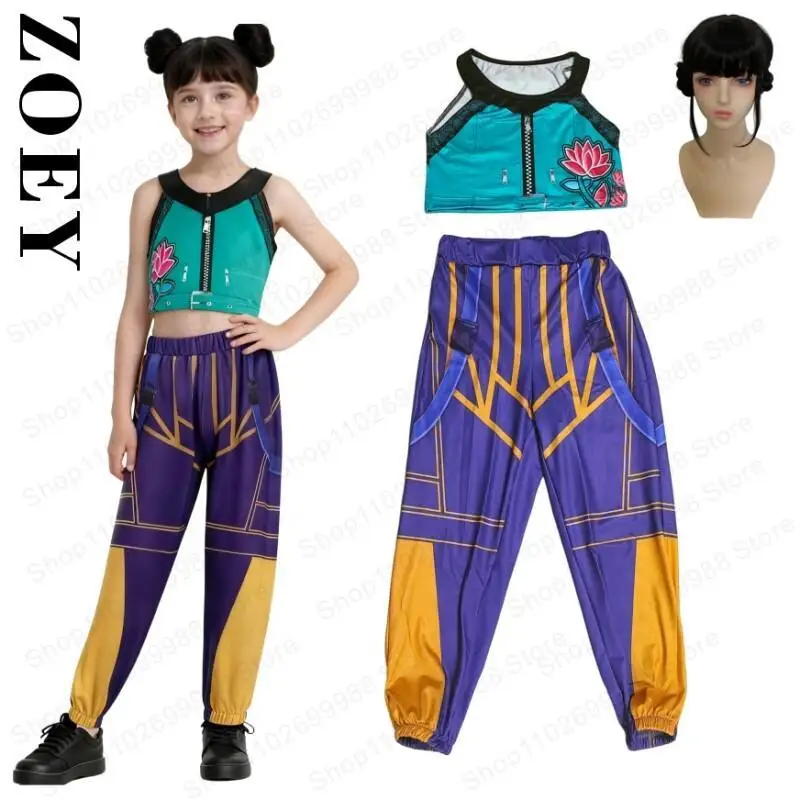 

2025 Zoey Two Piece Cosplay Costume With Wig For Girls Halloween Party K-pop Hunters Outfit Role Play Demon Style Uniform