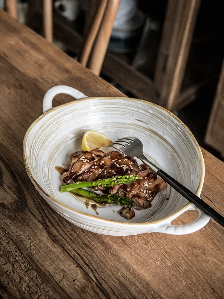 Irregular Shape Ceramic Bowl 7.5 Inch Double Ears Design Unique Salad Noodle Bowl