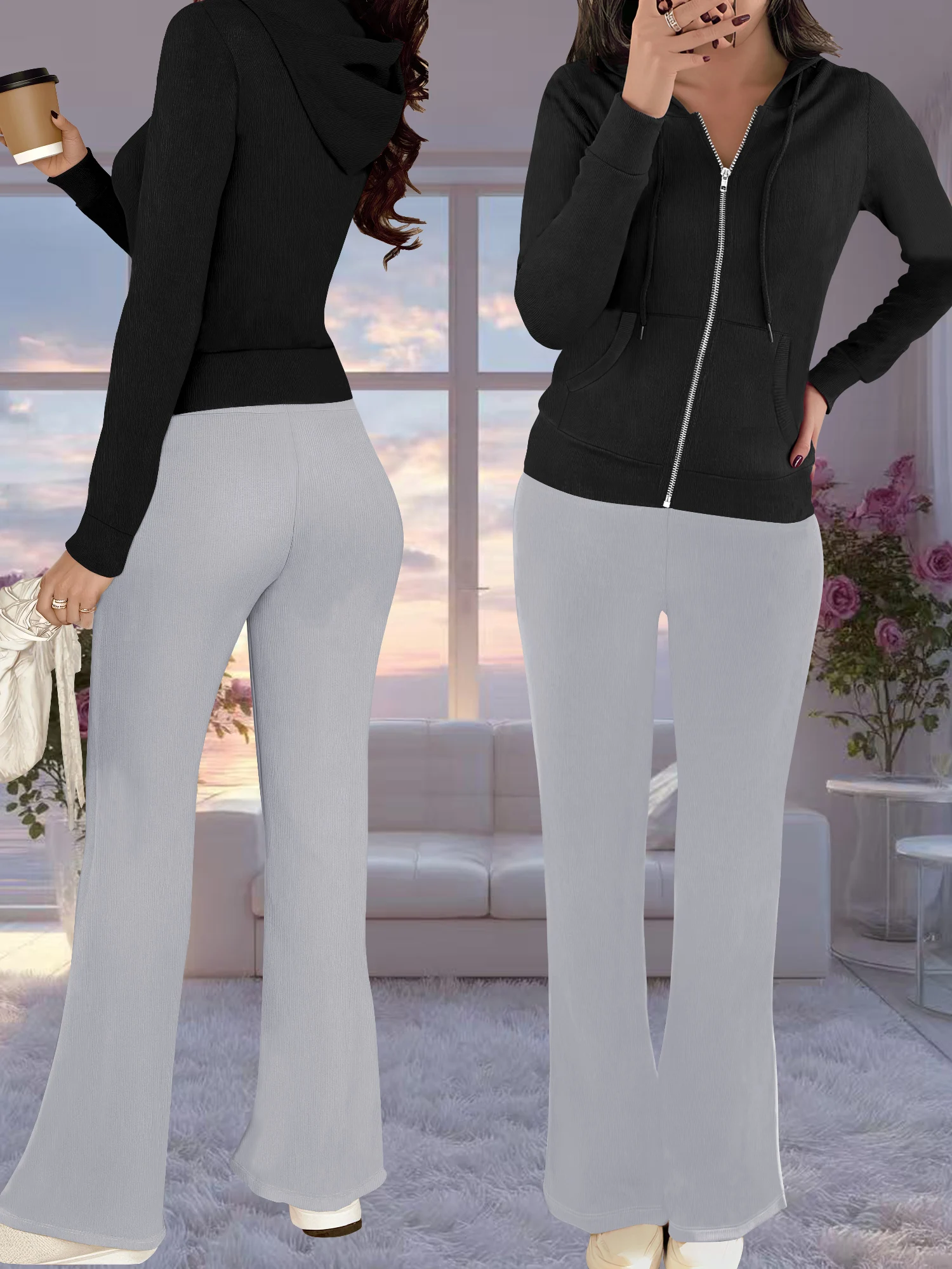 

Chic Solid Hooded Knit Tracksuit Women Slim Ribbed Zip Top High Waist Flare Pants Lightweight Daily Leisure Outfit