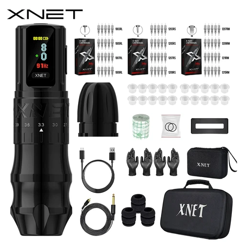 XNET Bestia-Kit de pluma para máquina de tatuaje inalámbrica, carrera ajustable, batería de 2,4-4,2mm, 2400mAh, pantalla OLED, cartucho de tatuaje mixto de 60 piezas