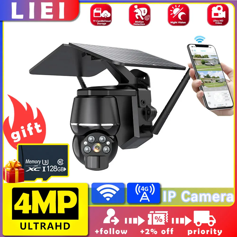 

LIEI Solar WIFI/4G 9600MAH 4MP 5W Camera Surveillance Camera Dual Lens Camera Recording Battery Outdoor Support 128G TF Card