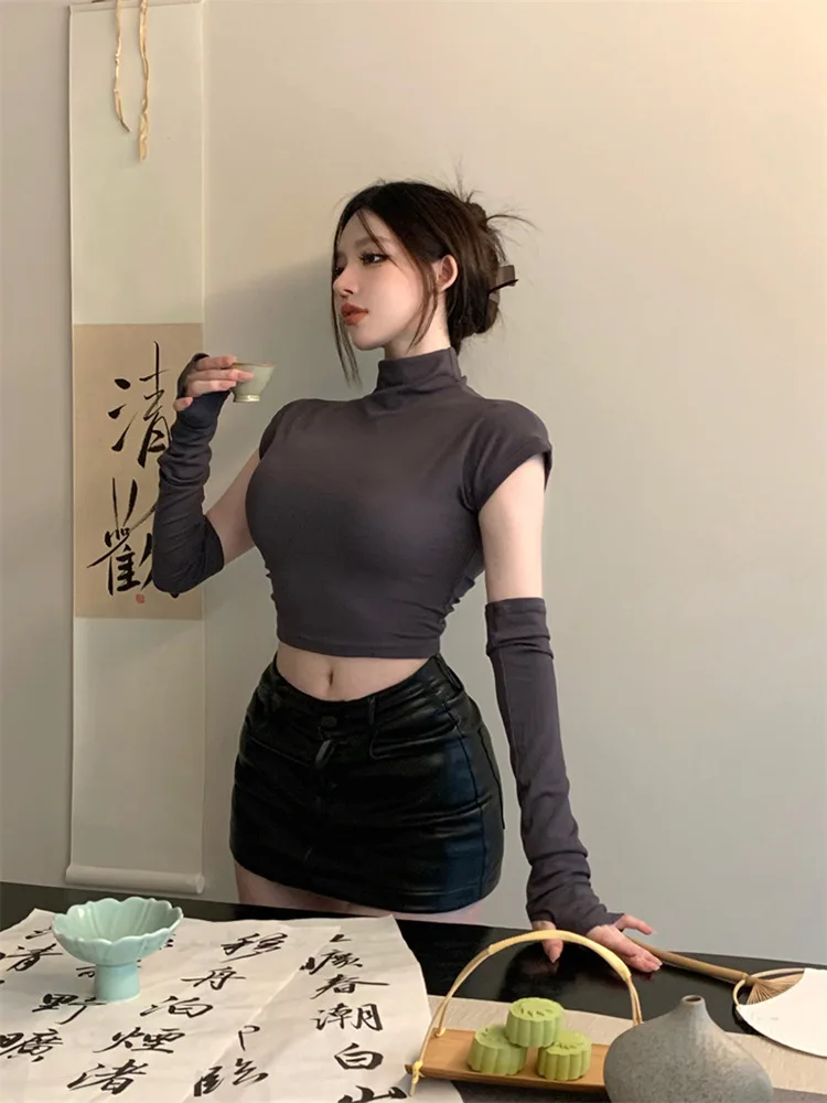 2026 Spring Autumn Half Turtleneck Crop Top For Women Sexy Solid Color Detachable Sleeve Arm Warmer Bodycon Long Sleeve Base Tee