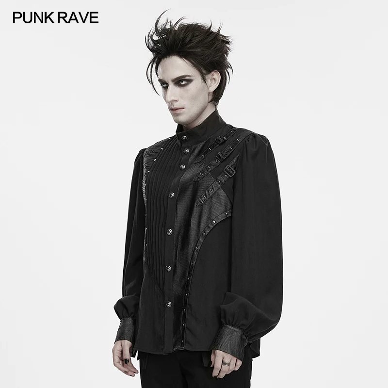 PUNK RAVE Men's Punk Lightweight & Breathable Woven Asymmetrical Shirt Motorcycle Hardcore Pleating Retro Gloomy Street Top