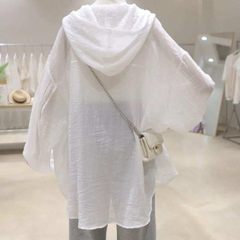 

Thin thin and micro through 2025 summer new loose slim medium long thin long sleeve hooded sunscreen shirt woman blouse