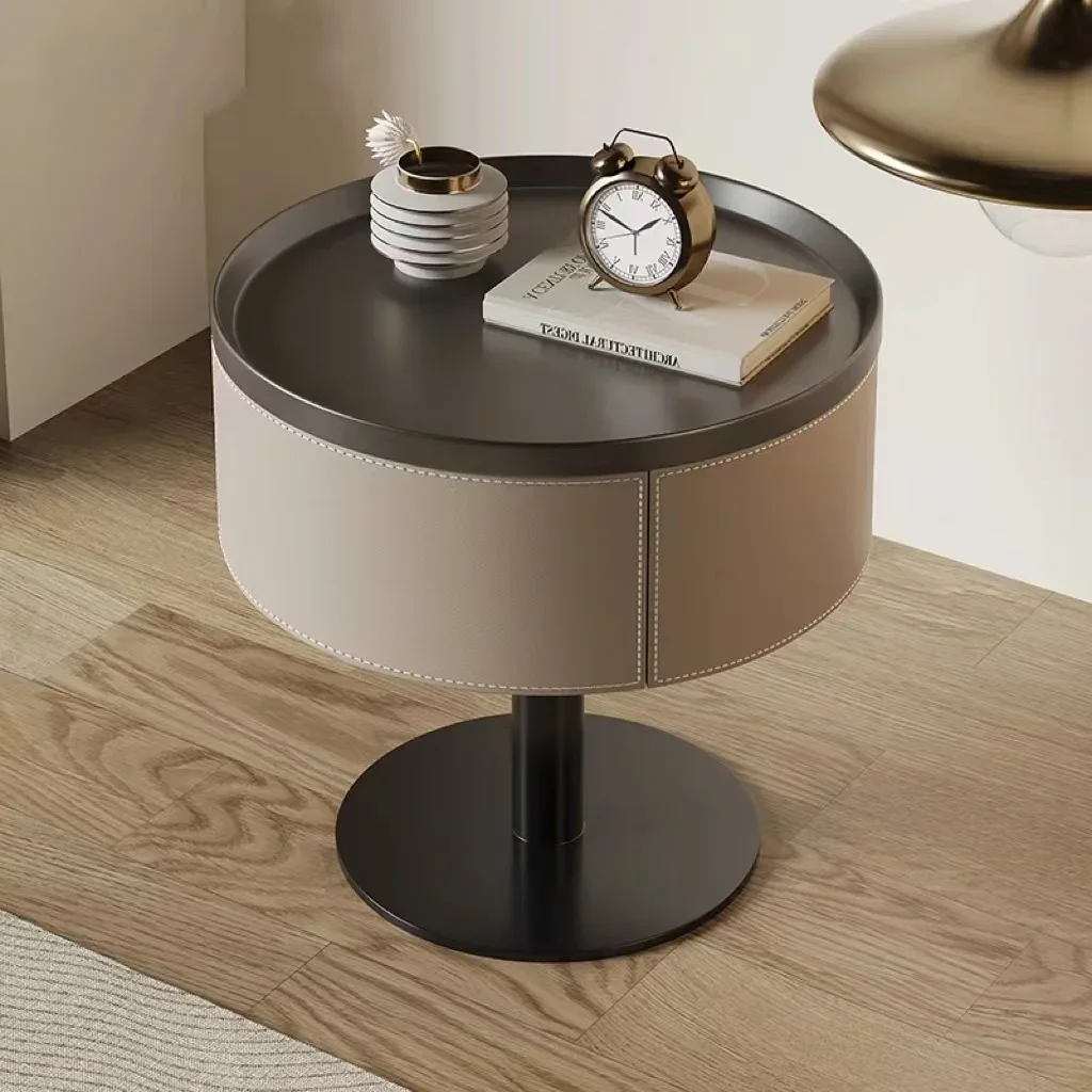 Simple Creative High Texture Round Saddle Leather Bedroom Bedside Table Solid Wood Bedside Tables Light Luxury Modern Furniture