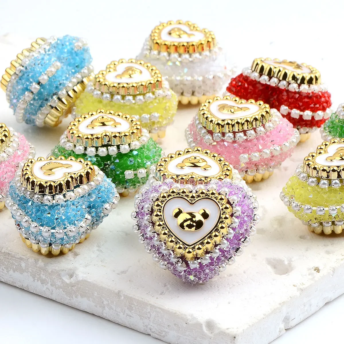 2.7x2.3cm 3pcs Random Color Mix Granulated Sugar Embed Artifical Pearl Heart Shape Bear Pattern Acrylic Beads DIY Accessories