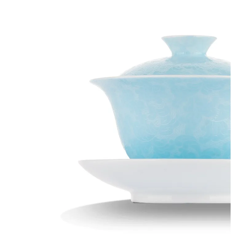 Sky blue ceramic three-talent gaiwan set for two kung fu tea set
