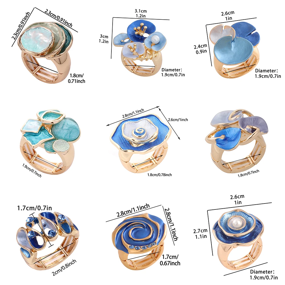 Fashion Blue Drip Oil Geometric Rings for Women Accessories Trendy Elastic Adjustable Wide Gold Color Ring Party Jewelry Gift