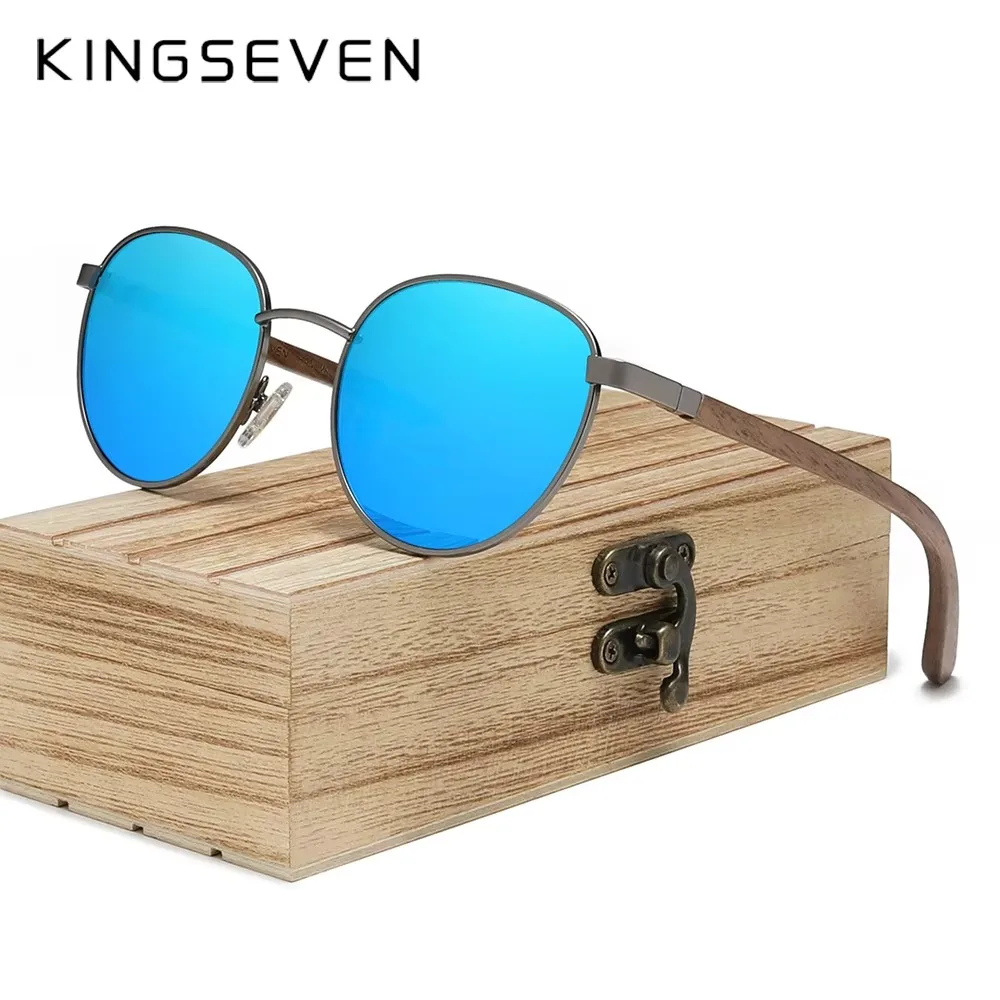 Koningszeven Ronde Walnoot Houten Zonnebril Voor Mannen Gepolariseerde Uv400 Bescherming Lens Retro Brillen Vrouwen Handgemaakte Vakantie Bril