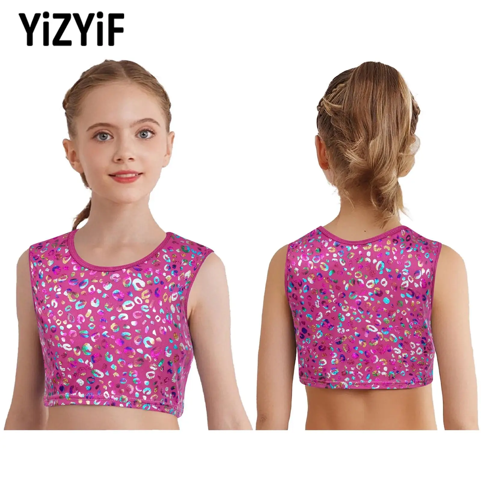

Kid Girl Jazz Cheerleading Dance Tops Teen Hip Hop Dance Performance Clothes Metallic Leopard Crop Top Sleeveless Vest Tank Top