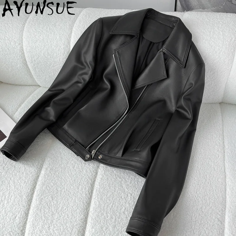 AYUNSUE Damska kurtka ze skóry naturalnej na jesień 2025, kurtki motocyklowe ze skóry owczej, damskie płaszcze, kołnierz garniturowy, Jaqueta Couro