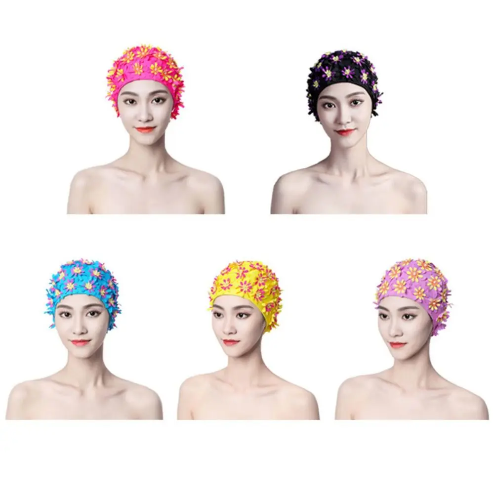 Beach Swimming Cap Pearl Floral Petal Swim Cap Flower Long Hair Swimming Hat Breathable Elastic Flower Swimming Cap Women