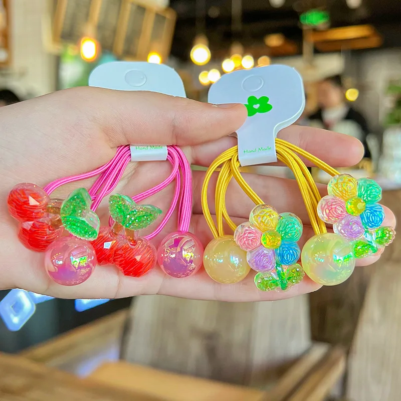 2pcs/set Hand drawn graffiti fruit hair band for kids baby cute Cherry Rabbit flower hair rope girl hair tie kawaii accessories