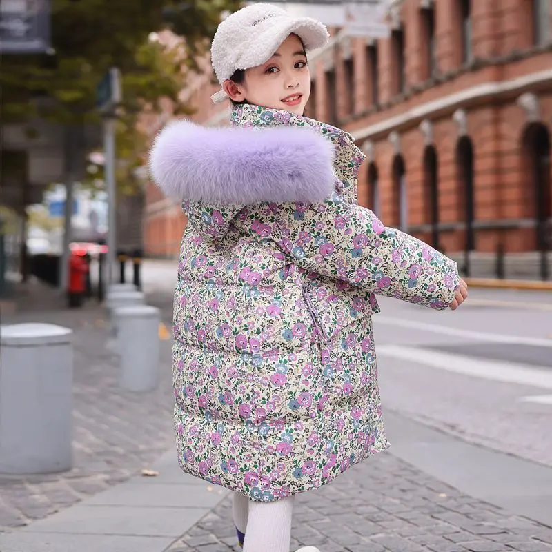 Girls' Down Cotton Jacket 2026 Children's Winter New Medium to Long Thickened Warm Fashion Floral Coat Girls' Cotton Top