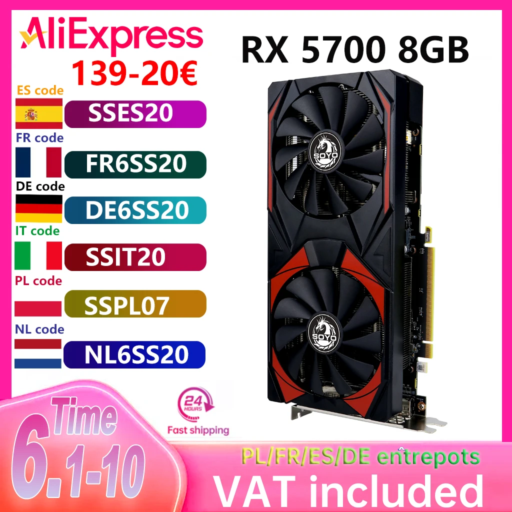 Tarjeta gráfica para juegos SOYO AMD Radeon RX5700 de 8GB, memoria GDDR6 de 256 bits PCIEx16 4,0 para tarjetas de vídeo de ordenador de escritorio RX 5700 6