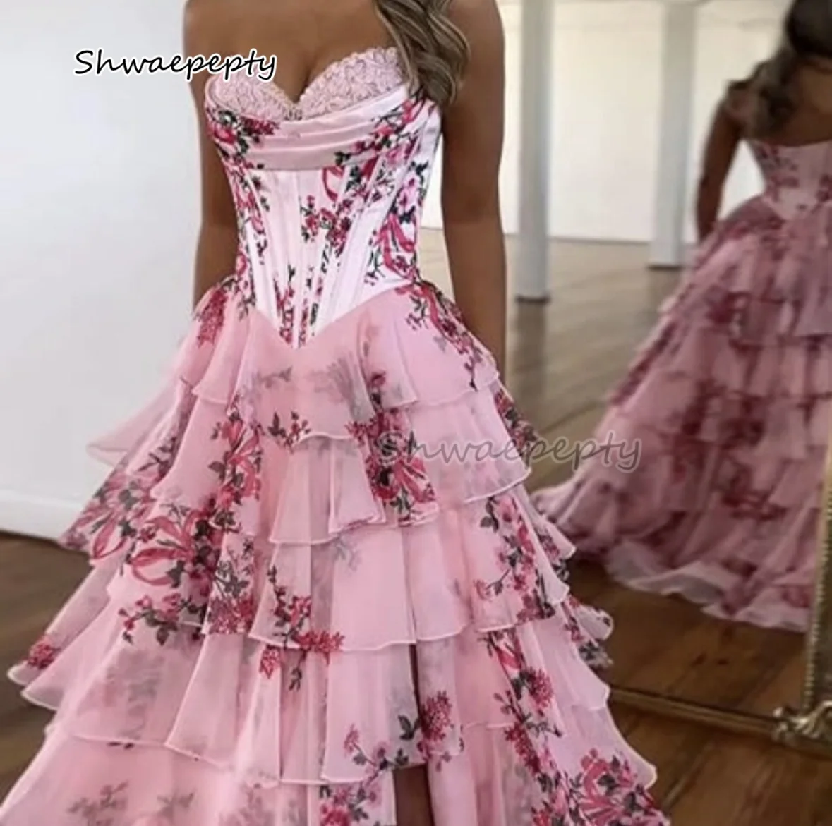 Ruches gelaagde bloemen chiffon galajurk liefje korset a-lijn vetersluiting lange avondjurk split roze verjaardagskleding op maat