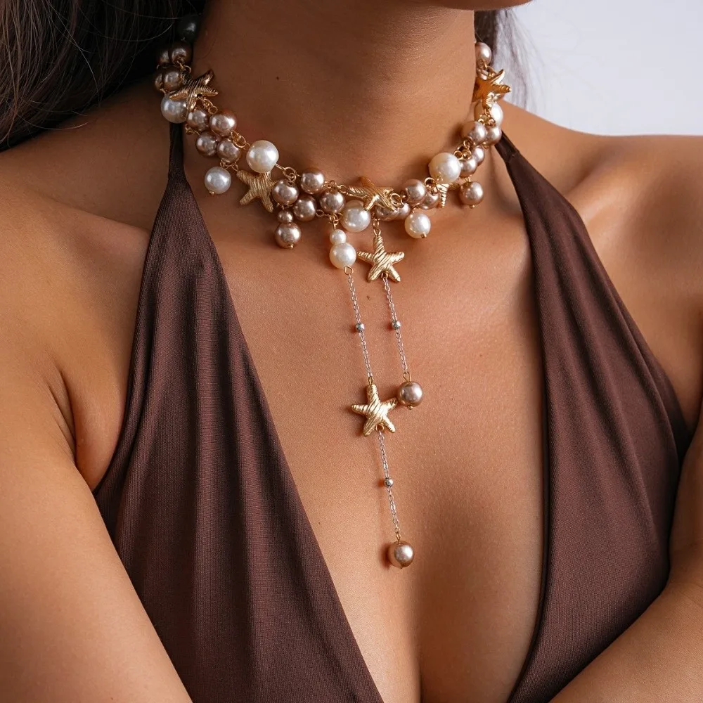 Bohemian Starfish Necklace Beach Surfer Tassel Trendy Beach Necklace Pearl Bead Splicing Summer Clavicle Chain Summer Party