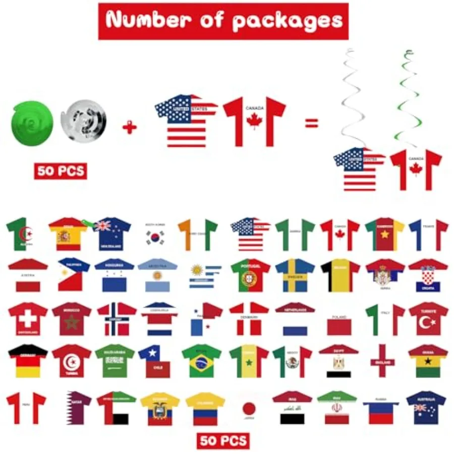 50 Pcs International Flag Hanging Swirl Decorations, World Countries Flag Hanging for Sports Events, Soccer Party Supplies