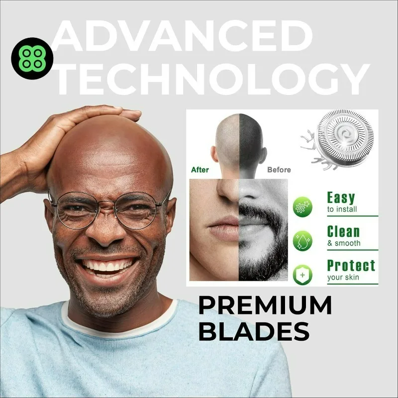Men Bald Head Shaver Spare Cutter Heads 4 Pack, Universal 5 Round Head Electric Razor Replacement Parts with Clean Brush