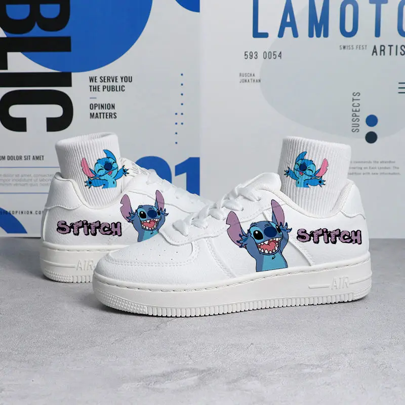 Disney-Zapatillas deportivas con estampado de Lilo & Stitch para niños, zapatos de tenis blancos para parejas, zapatillas de Mickey de dibujos