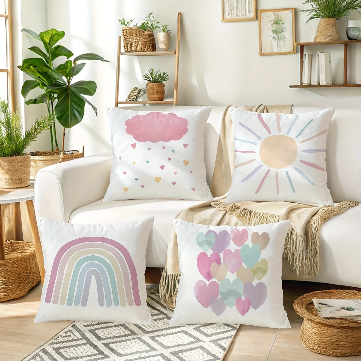 1PC Vintage Rainbow Sun & Heart Pillow Cover, Colorful Weather Theme for Home Decor, Pillow Insert Not Included