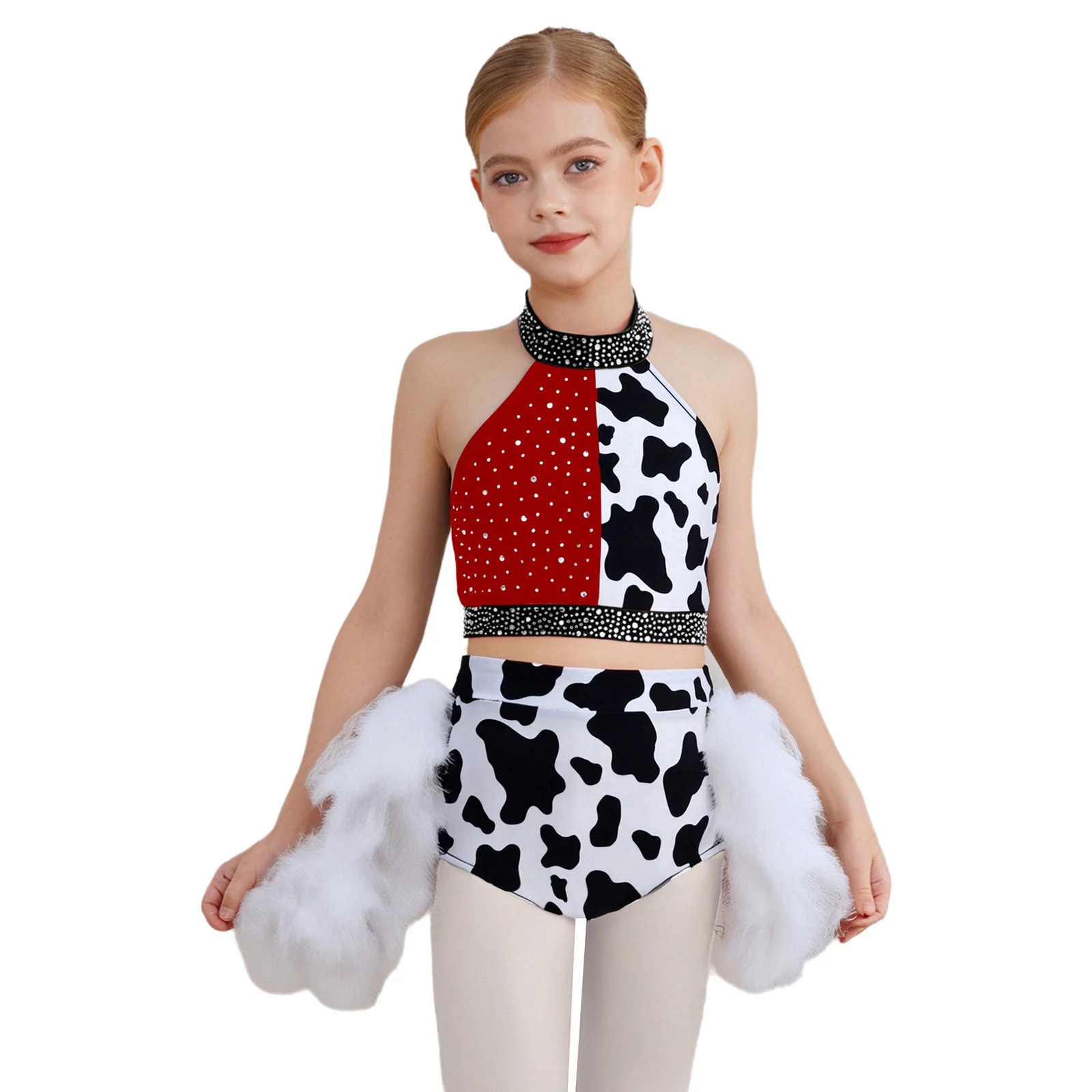 

Cow Print Cow Cosplay Halter Backless Crop Top And Feathered Bottom for Cosplay Themed Parties Halloween Outfits