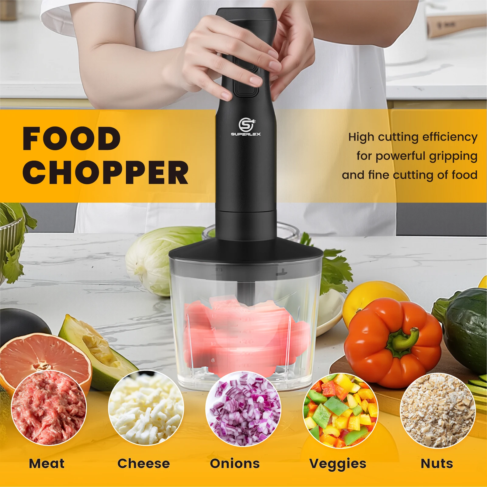 SUPERLEX 350W 4-in-1 Immersion Hand Stick Blender Set, 2 Speed & Turbo Control, Stainless Steel Blade, Includes Whisk, Chopper & Measuring Cup for Soup, Smoothies, Baby Food & Minced Meat