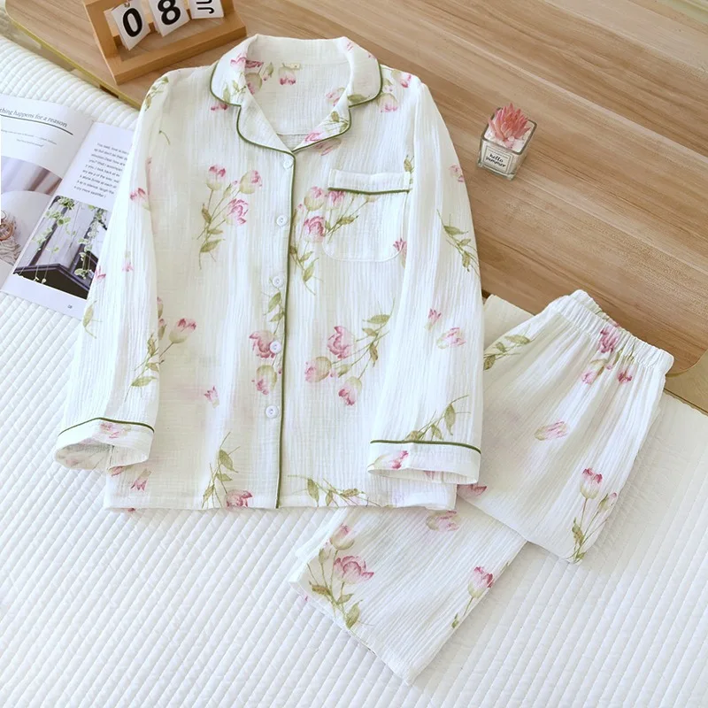 2024 Floral Print Sleepwear Cotton Woman Pajamas Home Wear Nightie Long Sleeve Underwear Set Autumn Pajamas Girls For Sleep