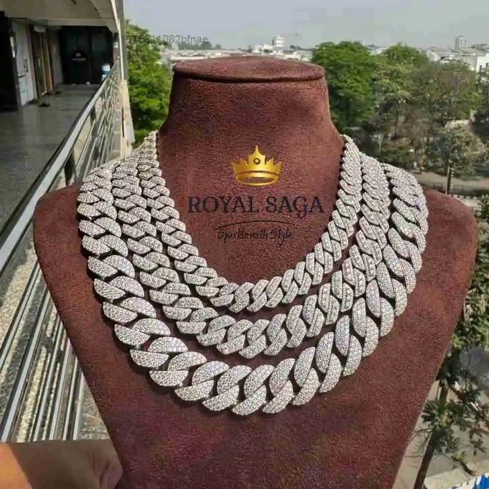 Custom 12mm/15mm/18mm 925 Silver Moissanite Cuban Chain Manufacturer VVS Moissanite Diamond Miami Cuban Link Necklace for Men，