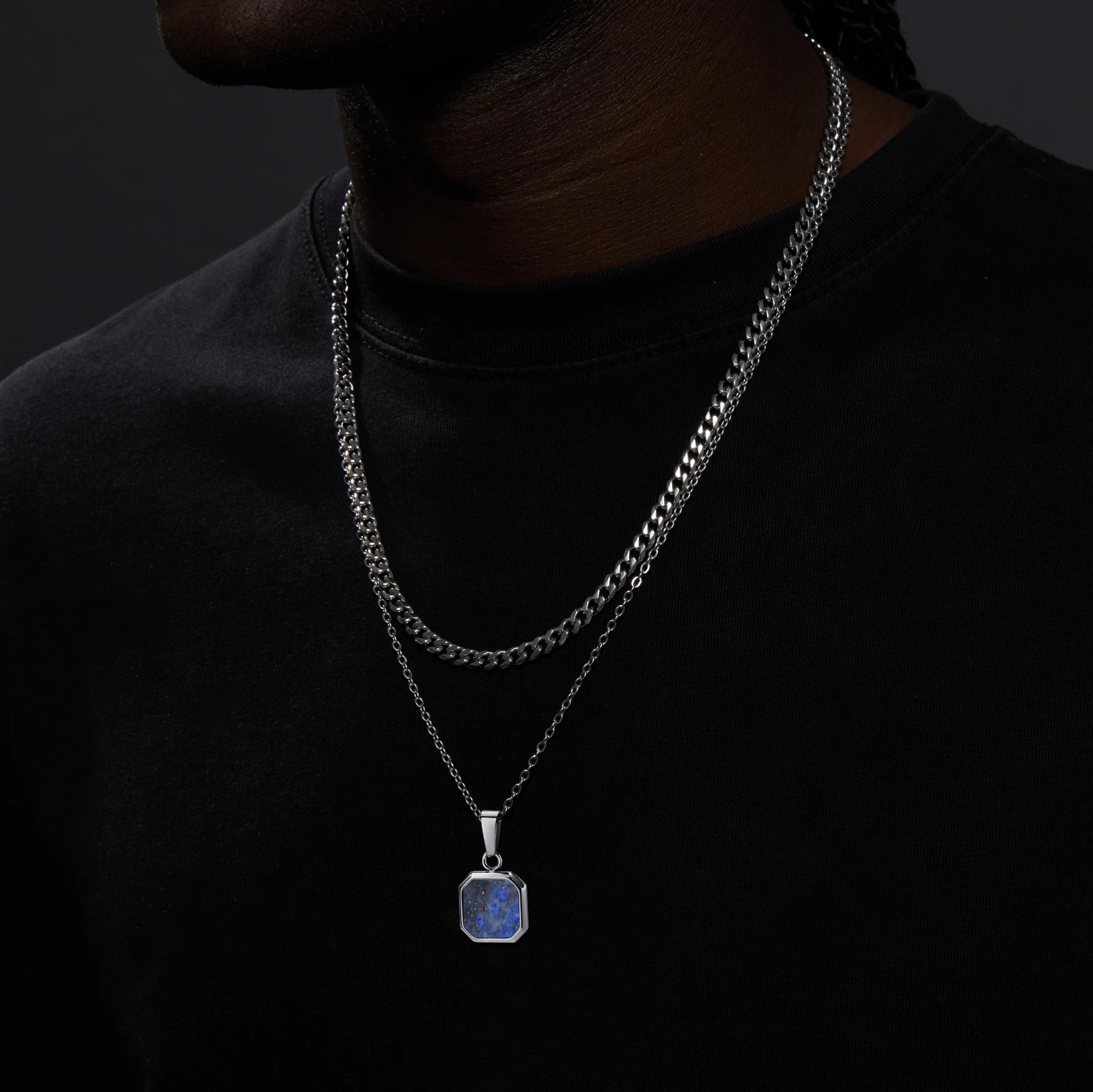 Vnox Stackable Men Necklaces Set, Geometric Square Lapis Lazuli Stone Pendant, Casual Male Boy Collar