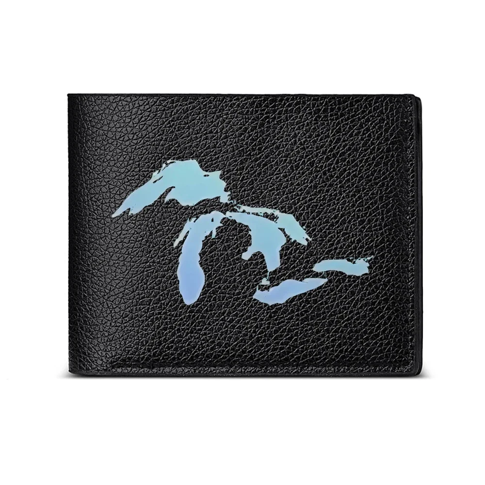 Men's Minimalist Wallet Inspired By Great Lakes, Elegant Blue Water Pattern On Black Background For Casual & Business Use