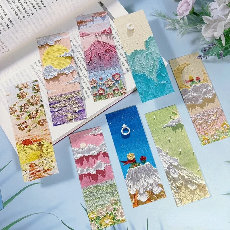 32PCS Beautiful Bookmarks Emboss Oil Painting Style Paper Bookmarks Fairy Tale Scenery Student Stationery