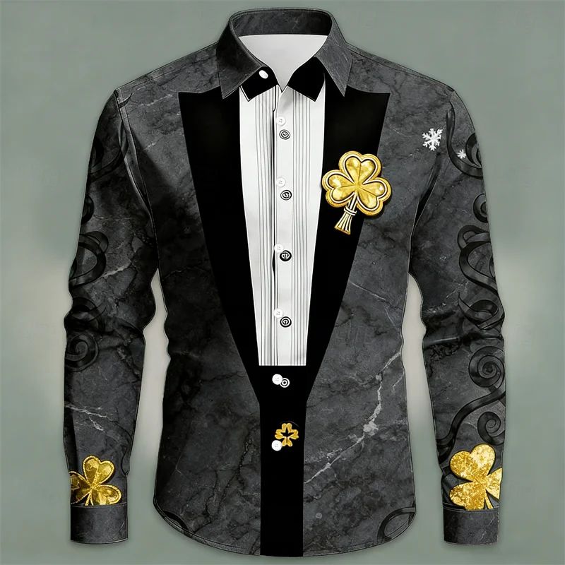 قميص رجالي جديد بأكمام طويلة وراقية بطباعة البرسيم ثلاثي الأبعاد على طراز الشارع قميص رخامي فضفاض ومريح