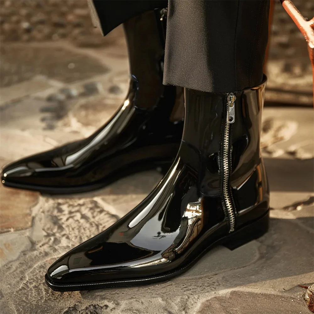 

Black Patent Leather Double Zipper Chelsea Boot Men Pointed Toe Solid Color Handmade Luxury Business Formal Dress Ankle Boot