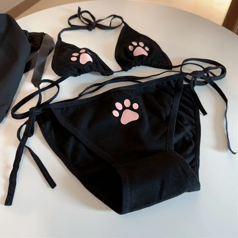 Japanese Cute Strap Underwear Women\'s Kawaii Cat Claw Strap Cotton Low Waist Underwear Bra Set Anime Cartoon Bikini