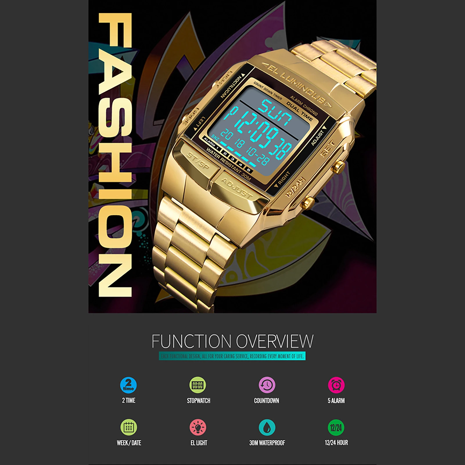 

SKMEI 1381 Men Analog Digital Watch Fashion Casual Sports Wristwatch 2 Time 5 Alarm 3ATM Waterproof Stainless Steel Strap