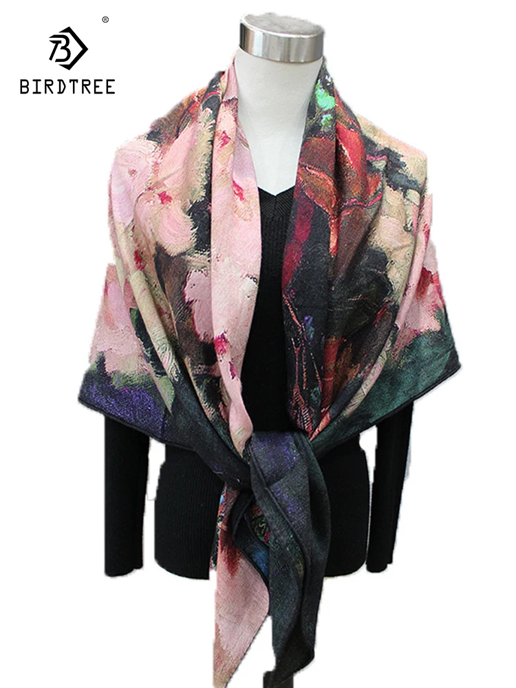 Birdtree 30% Real Silk 70% Wool Women Scarf Double Sided Vintage Print Fashion Scarves Mom's Gift 2024 Spring Autumn A41433QC