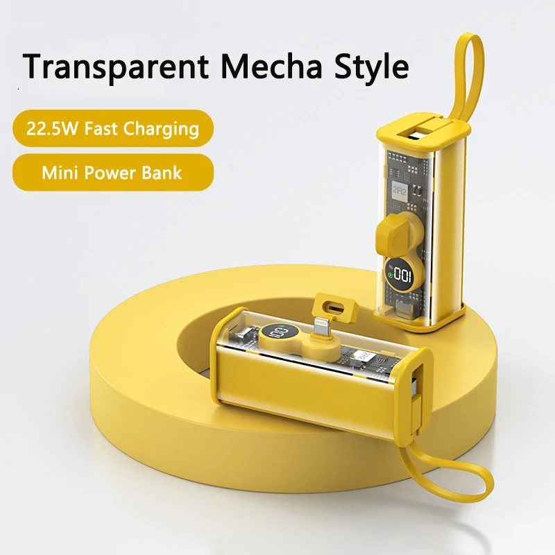 

Transparent Power Bank 5000mAh Built in Cable Plug 22.5W Fast Charging Powerbank for iPhone Huawei Xiaomi Samsung Mini Poverbank